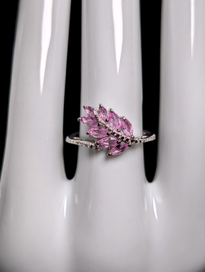 Vintage Fern Leaf Genuine Pink Sapphire Cluster in Sterling Silver Ring
