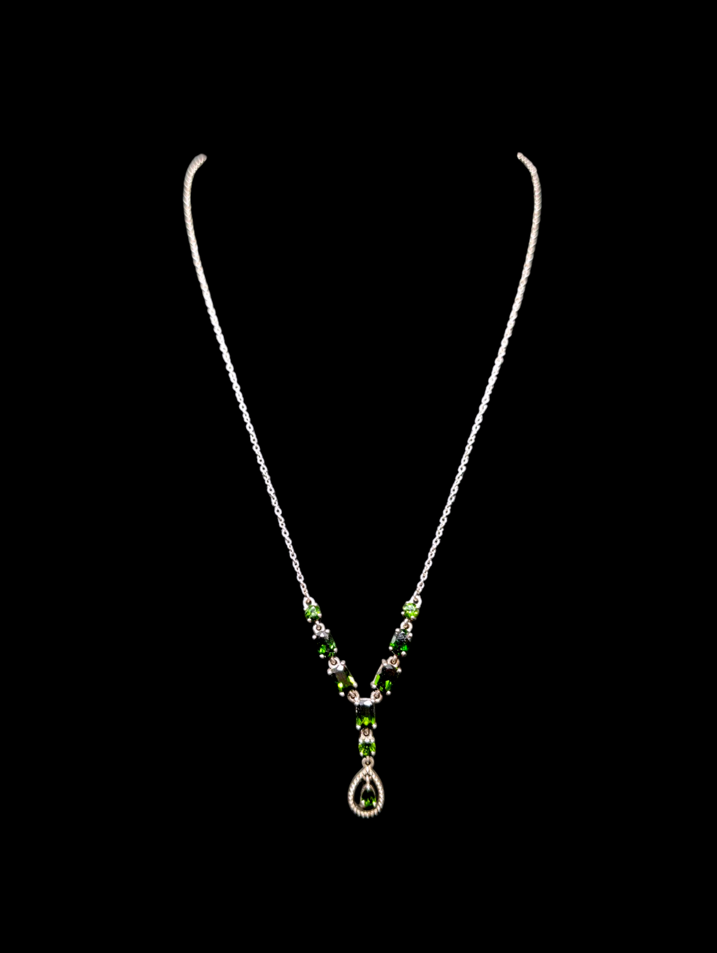 Vintage Genuine Green Chrome Diopside Elegant Dangle Sterling Silver Necklace