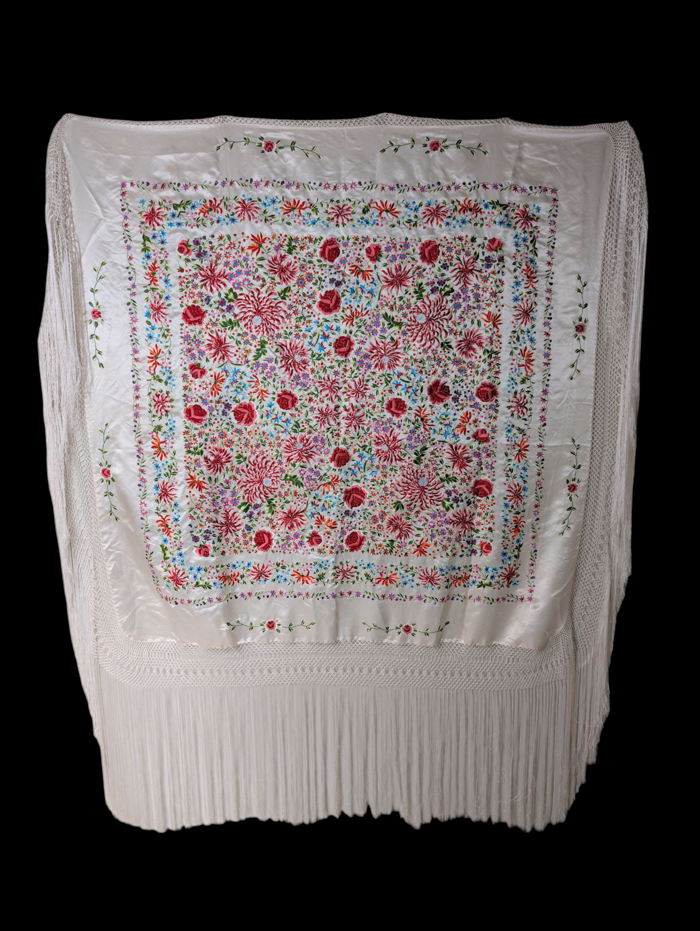 Antique Rare Manton De Manila Embroidered Florals Silk Flamenco Piano Shawl in White with Hand Knotted Macrame Fringe