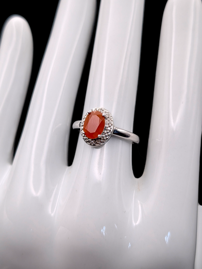 Vintage Solitaire Oval Rich Genuine Carnelian and Genuine Diamond Halo Sterling Silver Ring