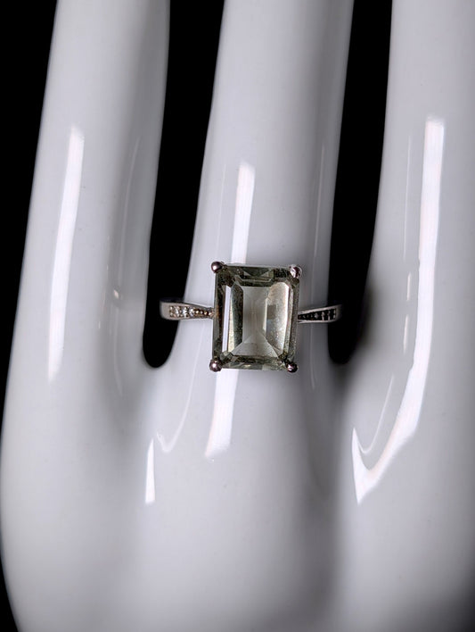 Vintage Emerald Cut Solitaire Genuine Prasiolite Sterling Silver