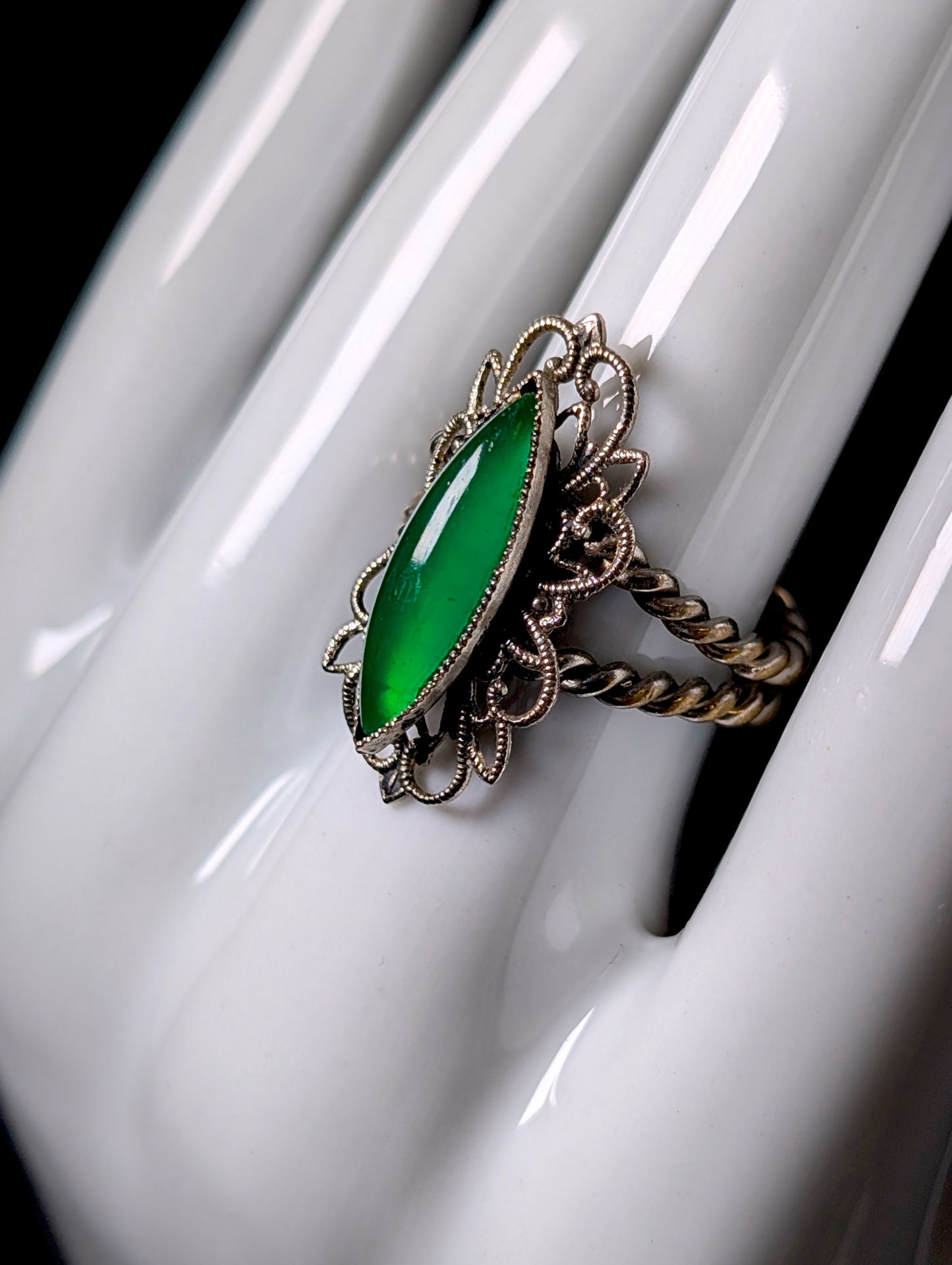 Vintage West Germany Green Solitaire Filigree Rope Silver Toned Adjustable Costume Statement Ring