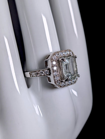 Vintage Radiant Genuine Aquamarine Solitaire with Halo Sterling Silver Ring