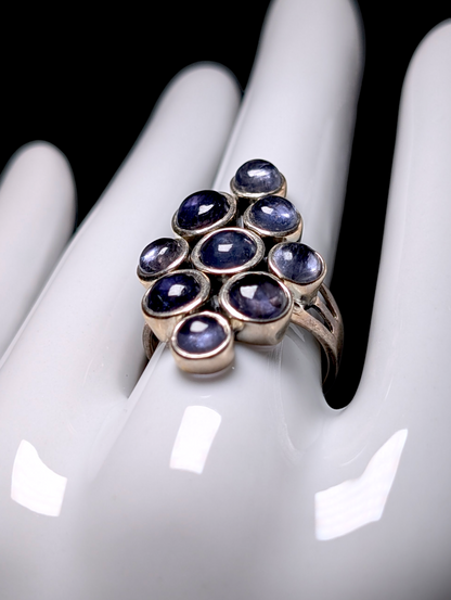 Vintage Bezel Set Cluster Earth Mined Genuine Tanzanite Sterling Silver Mod Ring