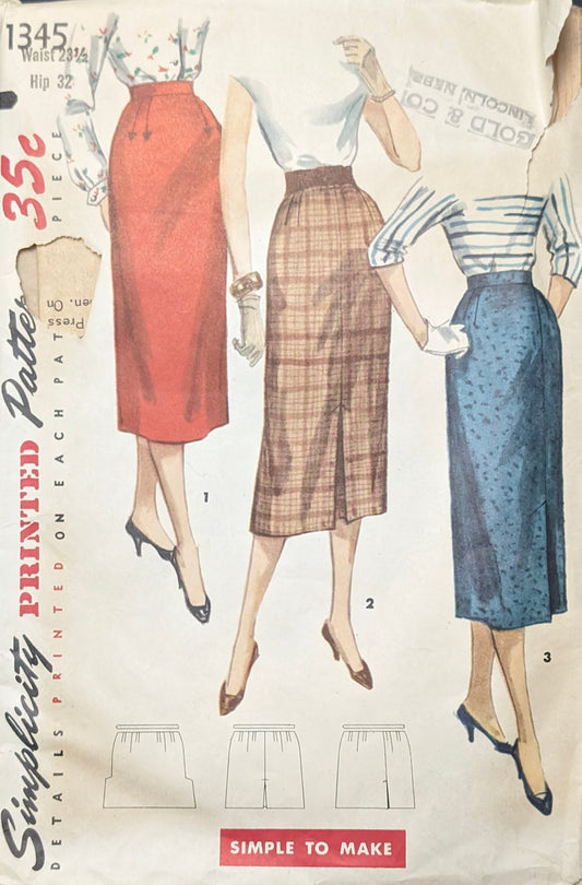 1950s - 1970s Original Vintage Sewing Pattern: Simplicity 1345 Waist 23.5" Hip 32"