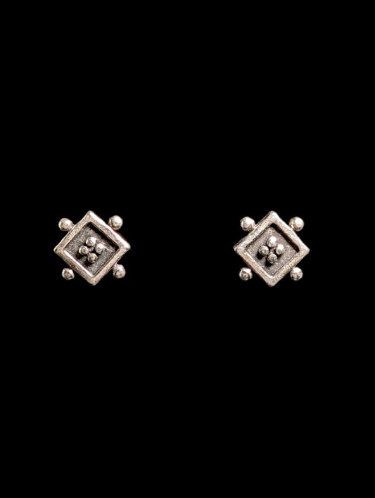 Vintage Square Artesian Carved Sterling Plated Stud Earrings