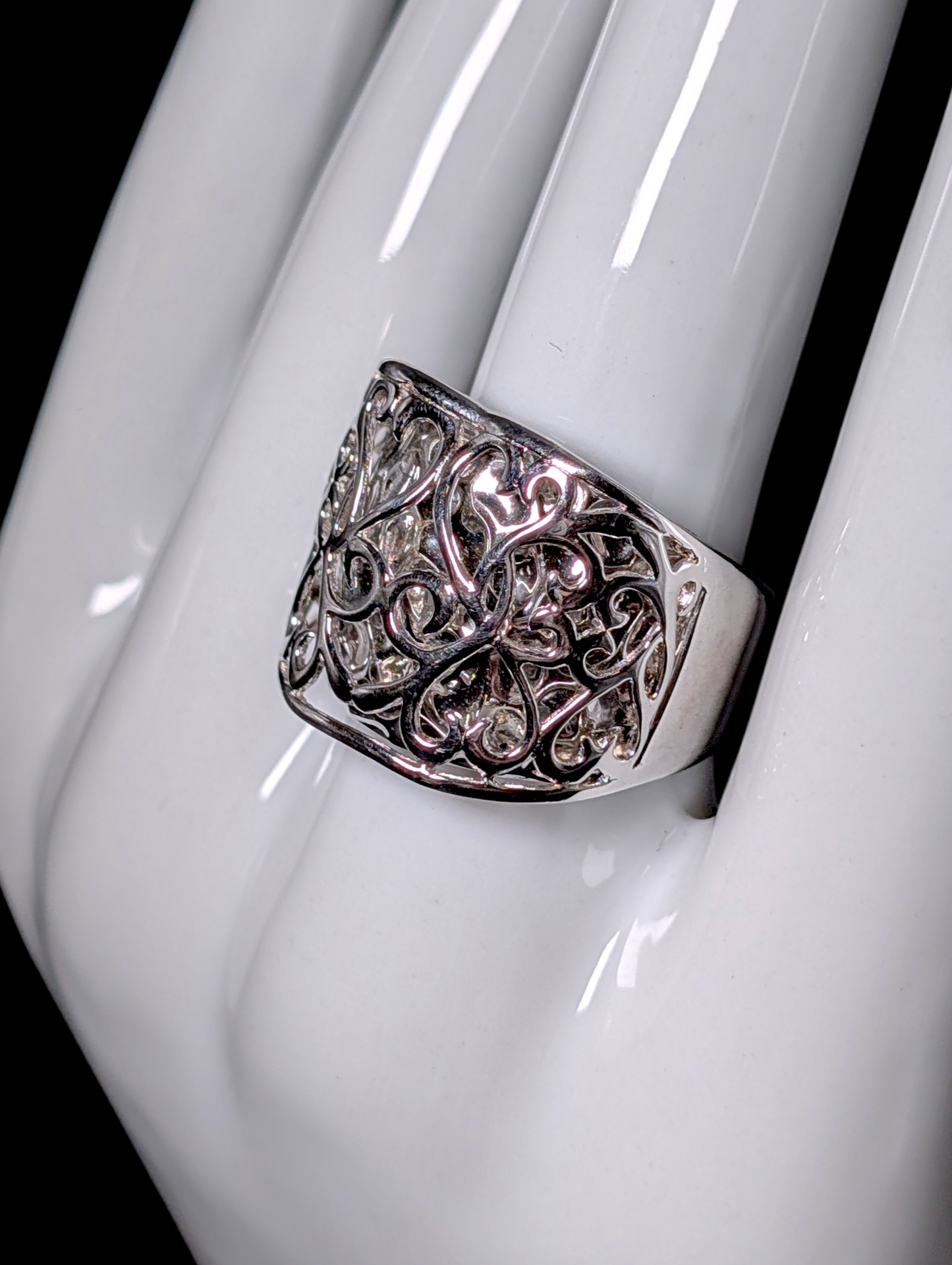 Vintage Unique Pop Out Heart Filigree over Hammered Sterling Silver Statement Ring