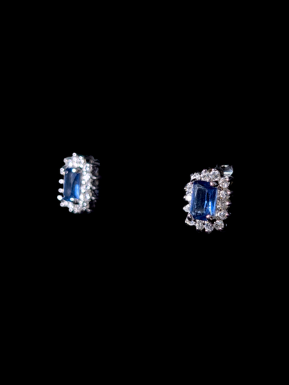 Vintage Inspired Simulated Emerald Cut Sapphire with Simulated Diamond Halo Sterling Silver Stud Earrings