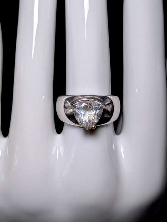 Vintage Trillion Cut Solitaire Genuine White Topaz Sterling Silver Wide Band Ring