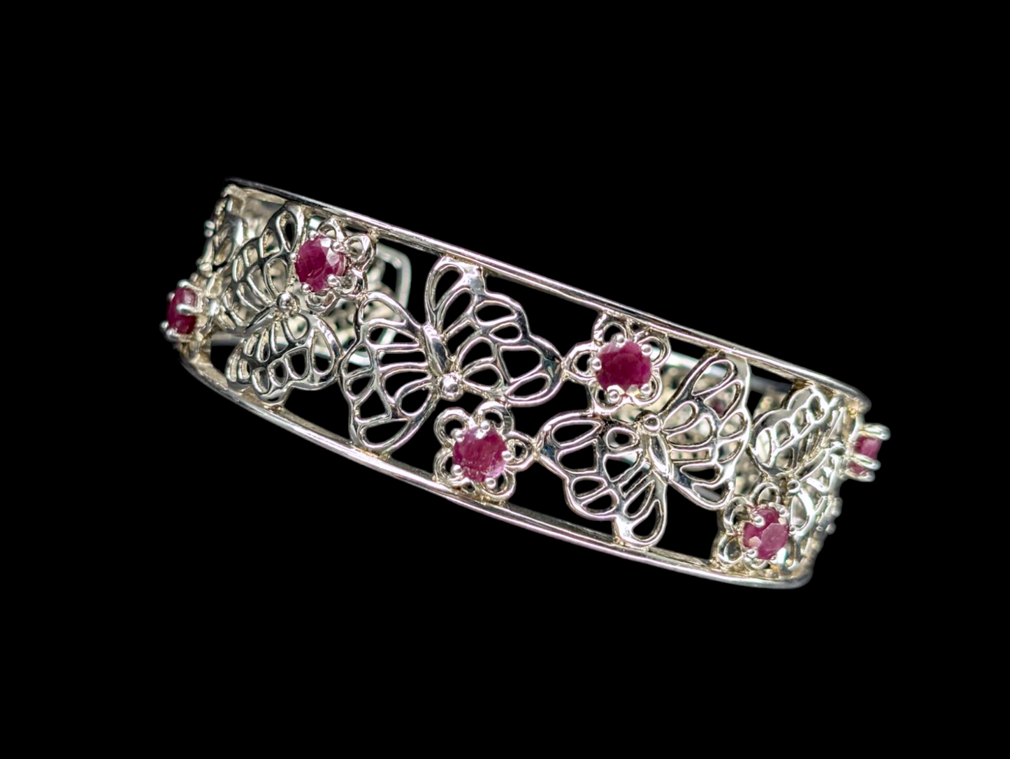 Vintage Genuine Ruby Gemstone Sterling Silver Butterfly Filigree Cuff Bracelet