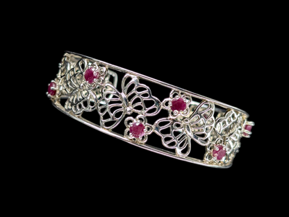 Vintage Genuine Ruby Gemstone Sterling Silver Butterfly Filigree Cuff Bracelet