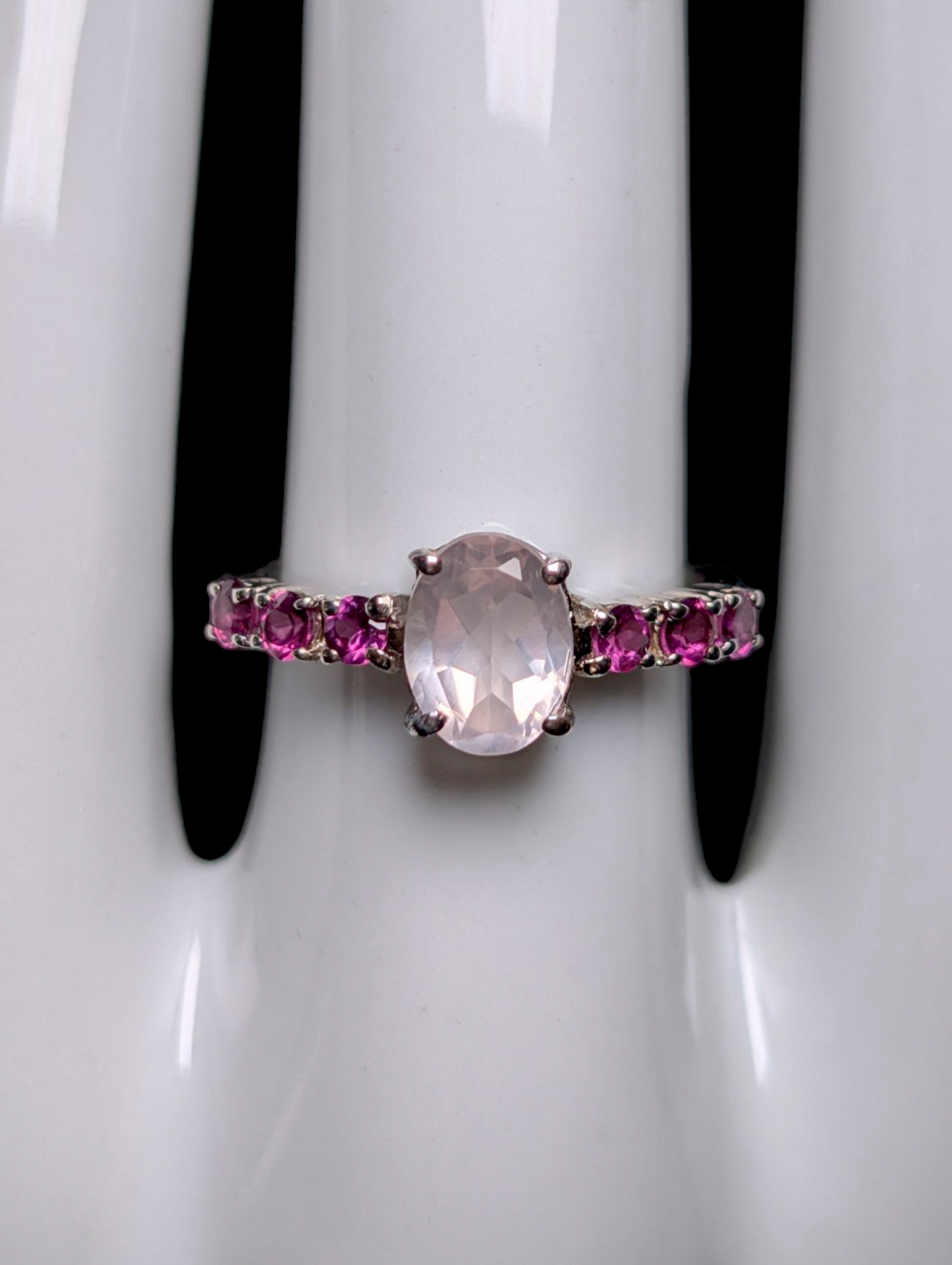 Vintage Oval Cut Genuine Rose Quartz Solitaire with Pink Tourmaline Accent Stones Sterling Silver Ring