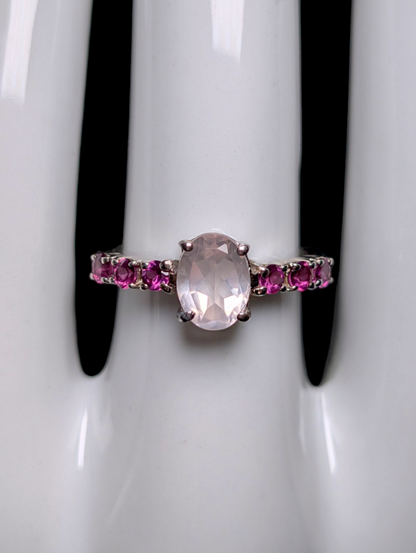 Vintage Oval Cut Genuine Rose Quartz Solitaire with Pink Tourmaline Accent Stones Sterling Silver Ring