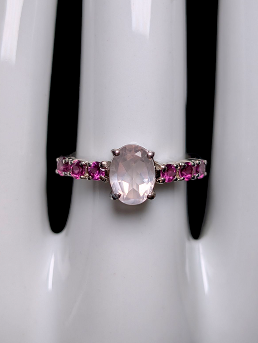 Vintage Oval Cut Genuine Rose Quartz Solitaire with Pink Tourmaline Accent Stones Sterling Silver Ring
