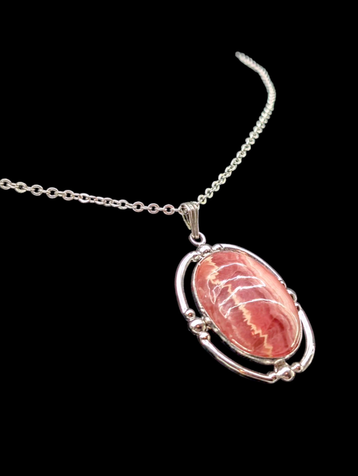 Vintage Genuine Rhodochrosite Sterling Silver Pendant and Necklace Chain