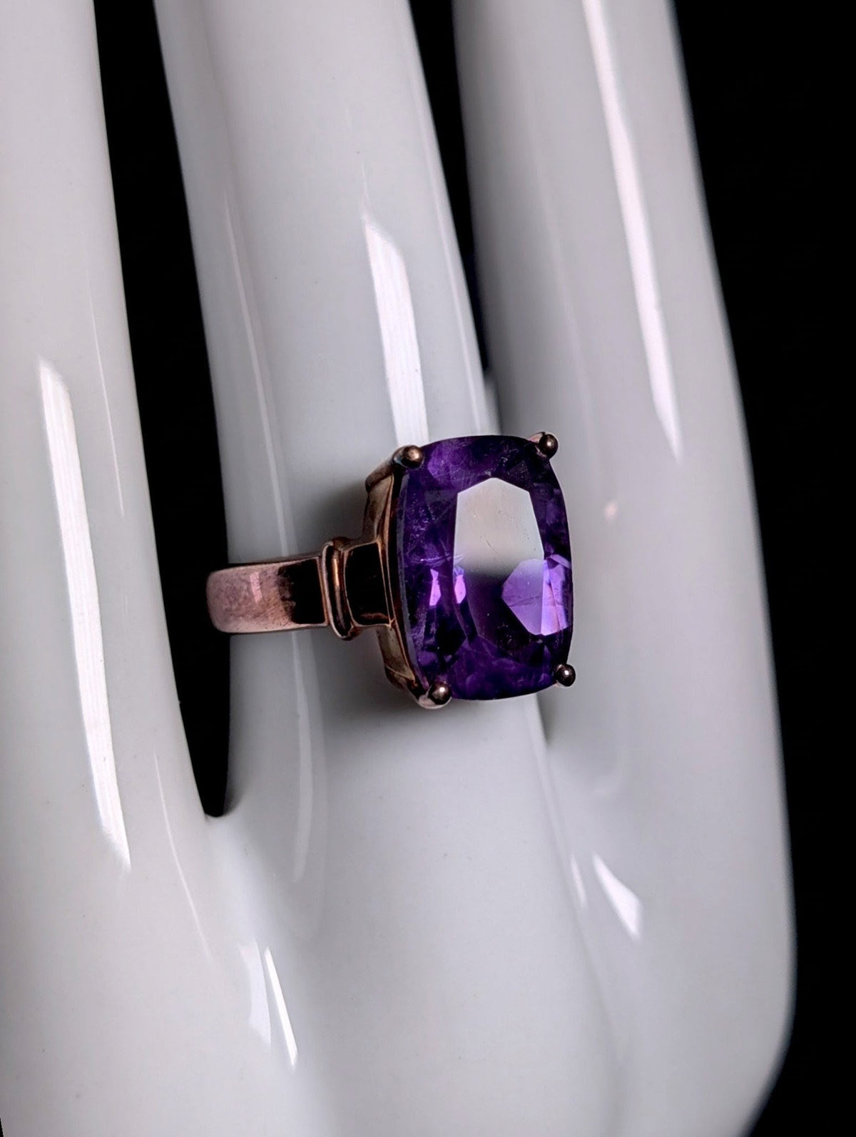 Vintage 8 Carat Radiant Cut Genuine Purple Amethyst Rose Gold over Sterling Ring