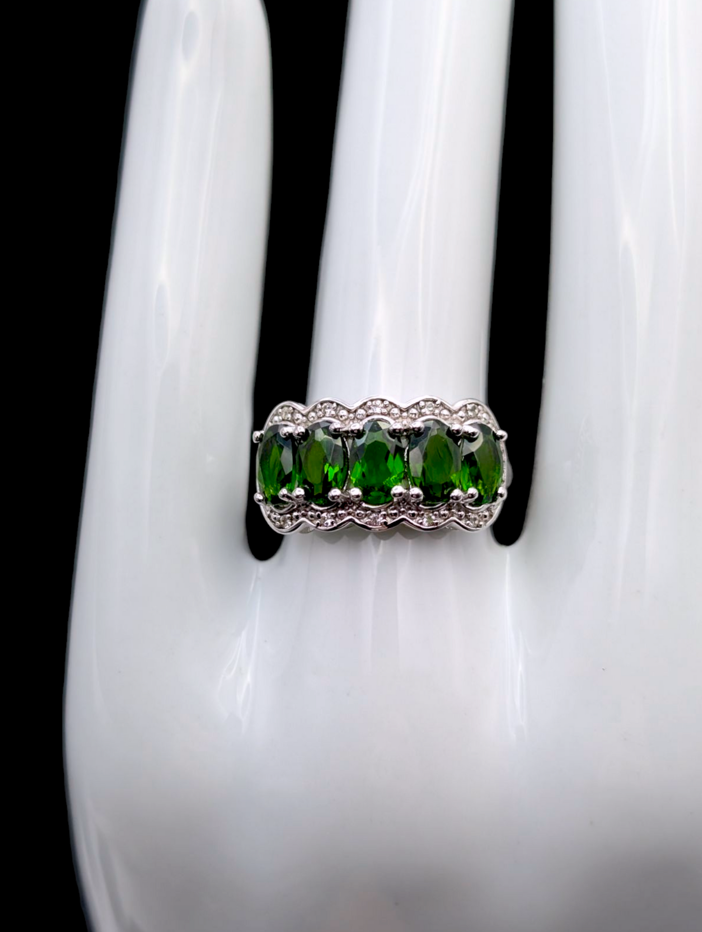 Vintage Half Eternity Band Earth Mined Genuine Chrome Diopside and White Topaz Accented Sterling Silver Ring