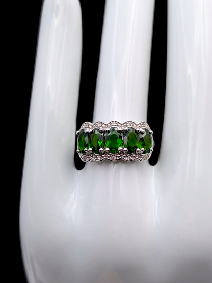 Vintage Half Eternity Band Earth Mined Genuine Chrome Diopside and White Topaz Accented Sterling Silver Ring