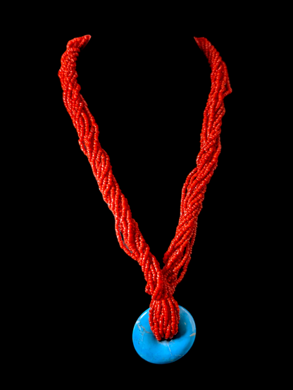 Vintage Multi Strand Genuine Red Coral Seed Bead and Turquoise Ring Pendant Necklace