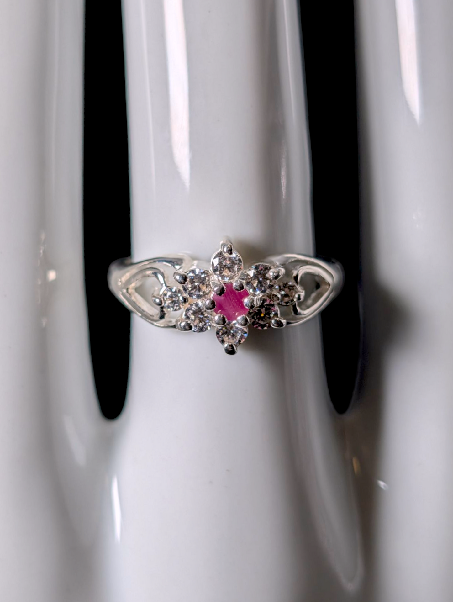Vintage Starburst Earth Mined Genuine Ruby and Simulated Diamond Sterling Silver Ring