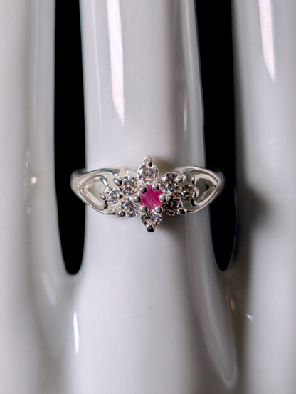 Vintage Starburst Earth Mined Genuine Ruby and Simulated Diamond Sterling Silver Ring
