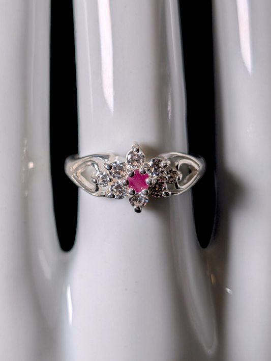 Vintage Starburst Earth Mined Genuine Ruby and Simulated Diamond Sterling Silver Ring