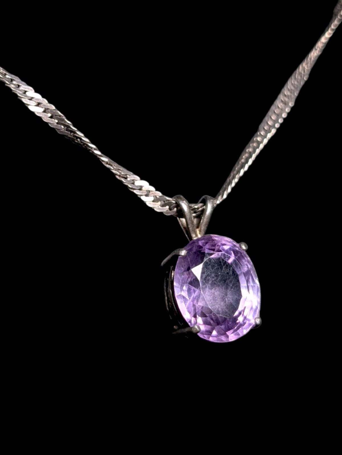 Vintage Oval Cut Genuine Amethyst Pendant and Oxidized Sterling Silver Twist Chain Necklace