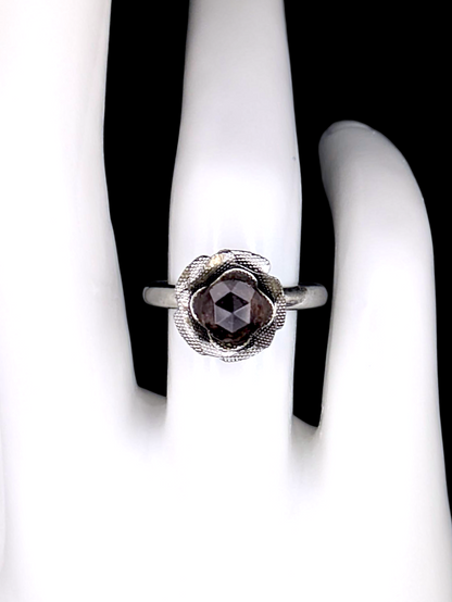 Vintage Inspired Rose Cut Simulated Smoky Quartz Solitaire on Rose Sculpted Mount Silver Toned Ring