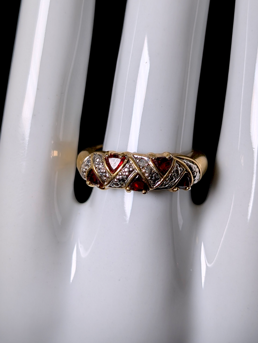 Vintage Genuine Red Garnet and Diamond 14k Yellow Gold over Sterling ZigZag Ring