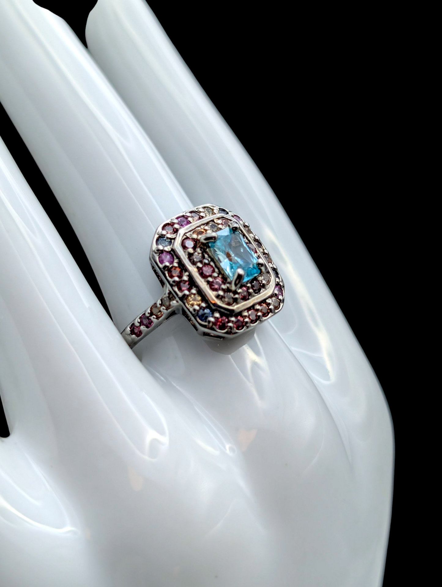Vintage Radiant Cut Genuine Cambodian Blue Zircon and Fancy Sapphire Double Halo Sterling Silver Ring