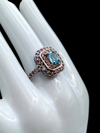 Vintage Radiant Cut Genuine Cambodian Blue Zircon and Fancy Sapphire Double Halo Sterling Silver Ring