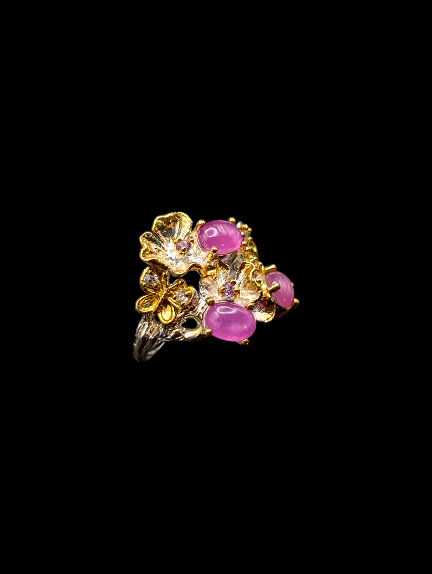 Vintage "Rubies in Springtime" Genuine Earth Mined Pink Ruby, Amethyst, and Zircon 14k Gold Dusted Sterling Silver Ring