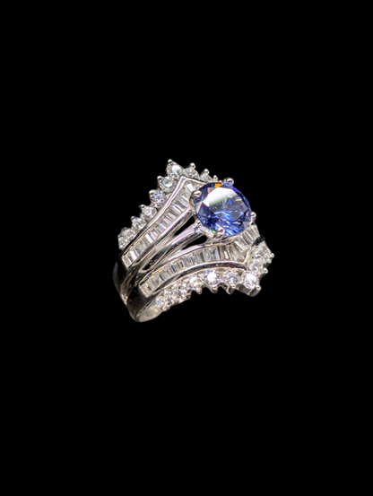 Vintage Inspired Simulated Tanzanite and Diamond 3 Piece Sterling Silver Ring Set
