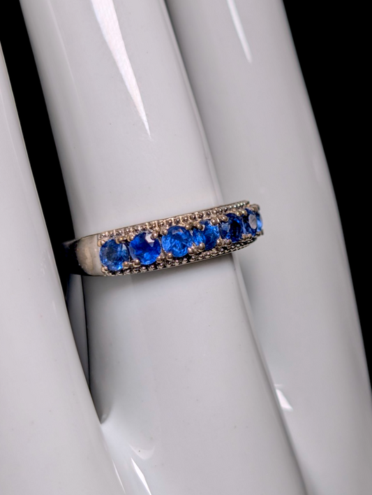 Vintage Round Cut Half Eternity Band Genuine Blue Kyanite Sterling Silver Ring