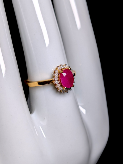 Vintage Oval Cut Earth Mined Genuine Ruby Solitaire with Diamond Starburst Halo 18k Yellow Gold Vermeil Ring