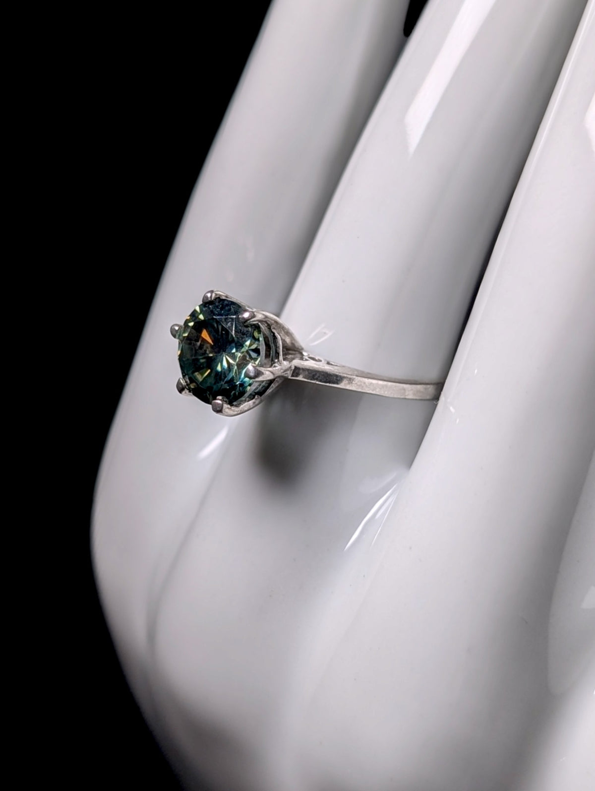 Vintage Round Cut Genuine Teal Moissanite Solitaire Sterling Silver Ring