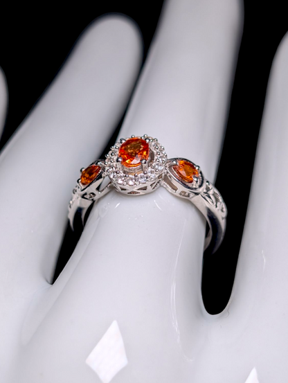 Vintage Three Stone Genuine Orange Sapphire and White Topaz Halo Sterling Silver Ring