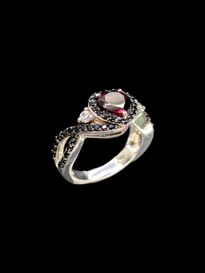 Vintage Infinity Heart Genuine Garnet, White Sapphire and Black Tourmaline Sterling Silver Ring
