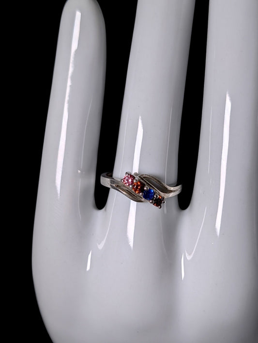 Vintage Round Cut Multi-Color Simulated Gemstone Band Sterling Silver Ring