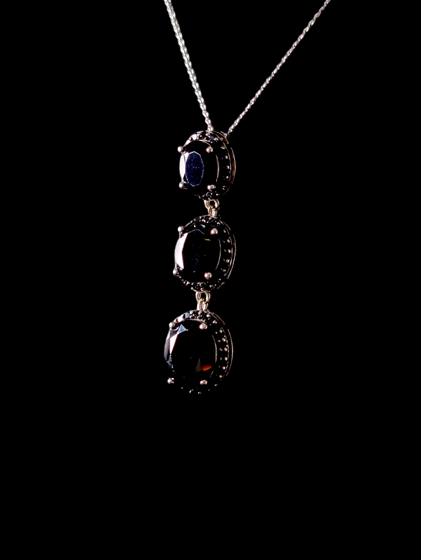 Vintage Three Stone Dangle Genuine Black Onyx with Halo Sterling Silver Pendant