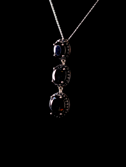 Vintage Three Stone Dangle Genuine Black Onyx with Halo Sterling Silver Pendant