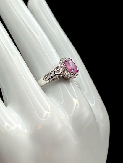 Vintage Oval Cut Solitaire Genuine Pink Sapphire Ruby with White Topaz Halo Sterling Silver Ring