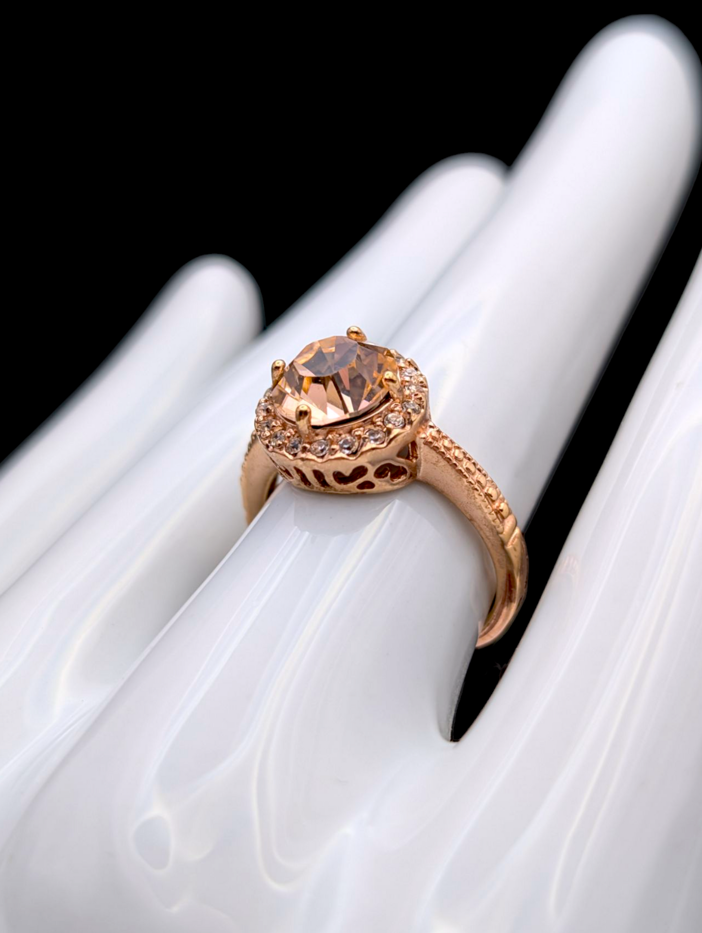 Vintage Round Brilliant Cut Simulated Citrine Solitaire and Simulated Diamond Halo Rose Gold Toned Ring