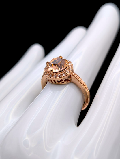 Vintage Round Brilliant Cut Simulated Citrine Solitaire and Simulated Diamond Halo Rose Gold Toned Ring