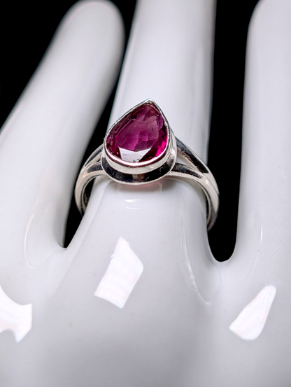 Vintage Pear Cut Genuine Rhodolite Garnet Solitaire Bezel Set Sterling Silver Ring