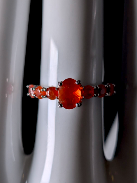 Vintage Oval Cut Solitaire Genuine Orange Fire Opal with Accent Stones Sterling Silver Ring
