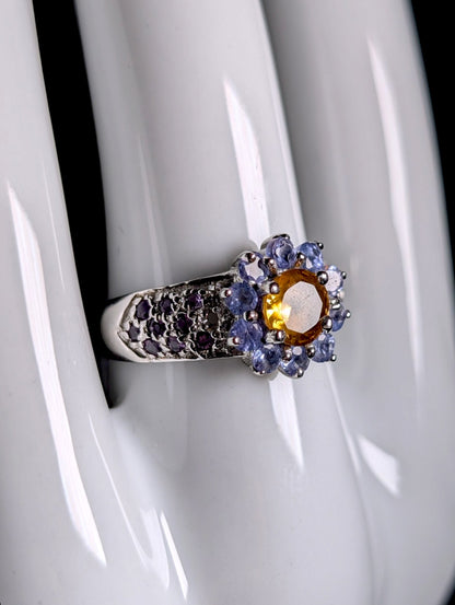 Vintage Genuine Citrine, Tanzanite and Amethyst Flower Sterling Silver Ring