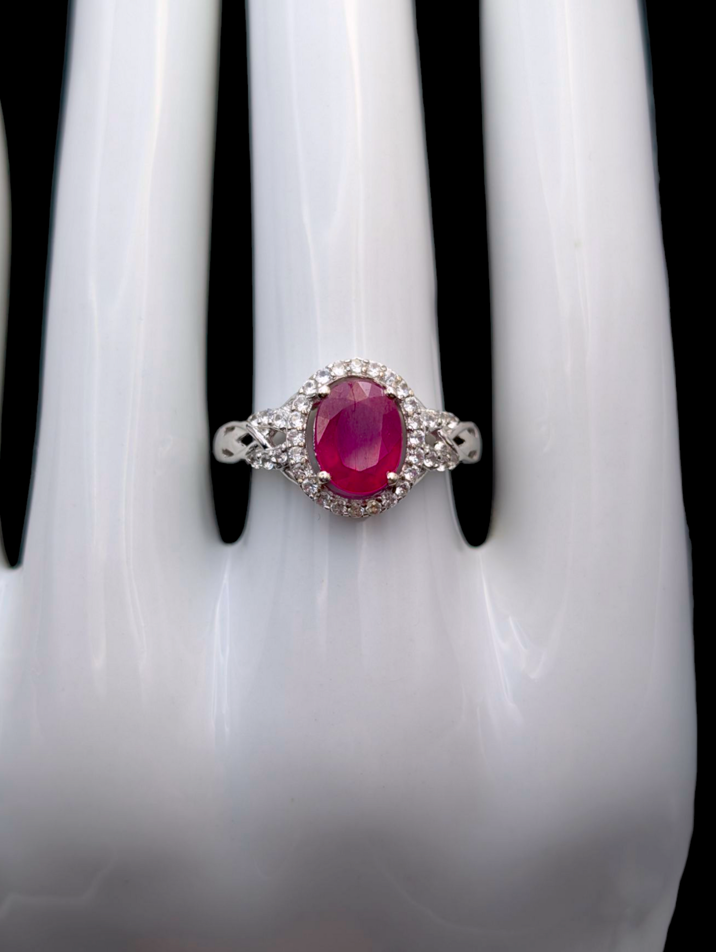 Vintage 5+ Carats Earth Mined Genuine Ruby and Diamond Halo Necklace, Ring and Earrings Sterling Silver 3 Piece Set