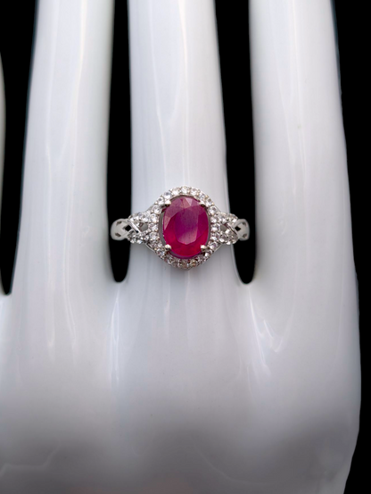 Vintage 5+ Carats Earth Mined Genuine Ruby and Diamond Halo Necklace, Ring and Earrings Sterling Silver 3 Piece Set