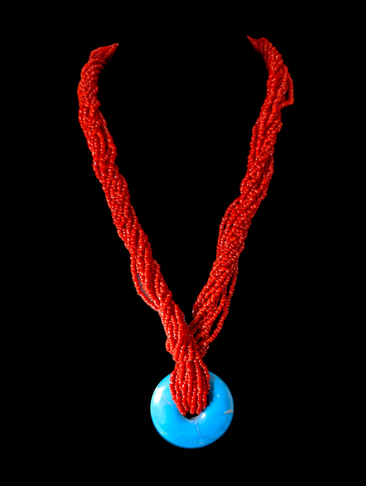 Vintage Multi Strand Genuine Red Coral Seed Bead and Turquoise Ring Pendant Necklace
